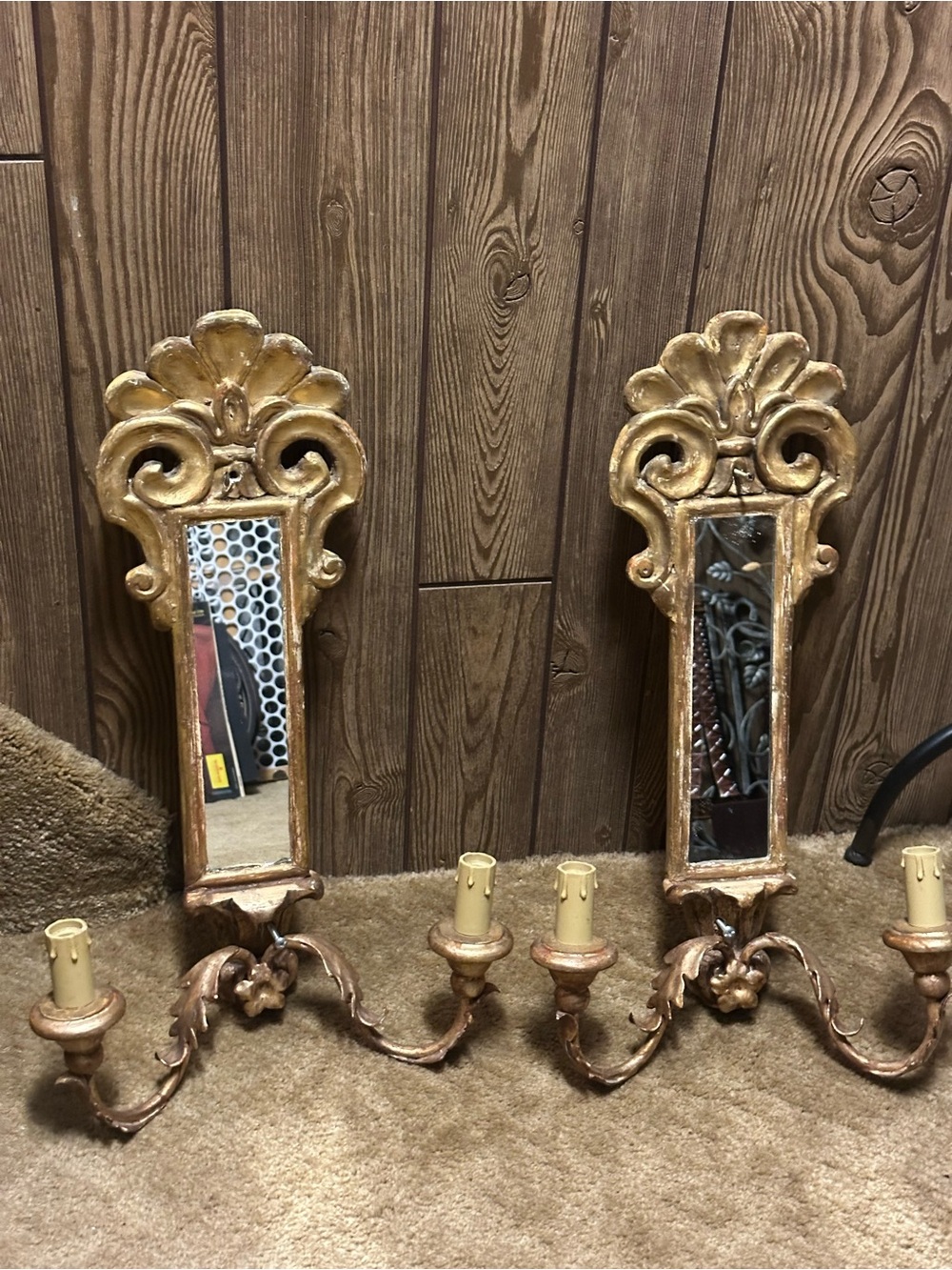 VTG Hollywood Regency Gold Gilt Mirror Sconces Pair - Ornate Baroque Wall Lights